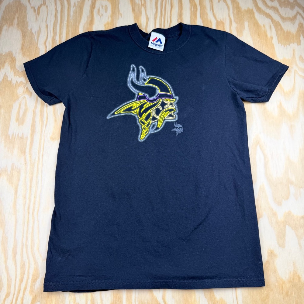 Majestic Minnesota Vikings Graphic T-Shirt Black Neon Logo S Short Sleeve